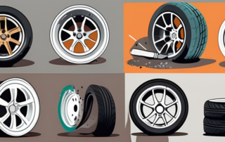 Various stages of a car wheel rim being refurbished