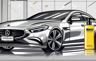 A bottle of meguiars ultimate compound polish next to a shiny