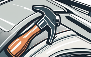 A dented car door with tools like a hammer