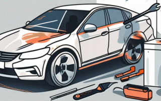 A car with visible dents being fixed with various tools