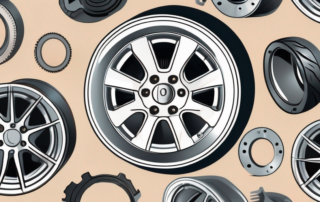 A set of alloy wheels with various repair tools like a wrench