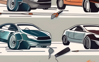 A car with deep paint scratches being repaired with various tools and paint