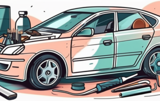 A car with visible scratches being repaired with various tools and products