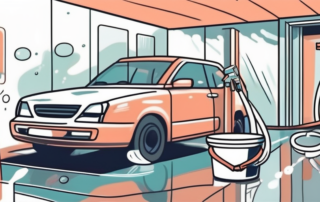 A car being cleaned with various cleaning tools like a bucket of soapy water