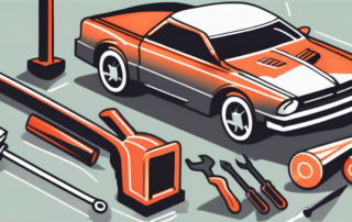 A car with visible dents and a set of tools typically used for dent repair