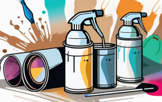 A spray paint can with a fine mist of paint being directed towards a stainless steel object