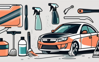 A car being detailed with various tools and cleaning products