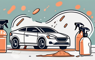 A car being washed with a bucket of soapy water and a sponge on the side