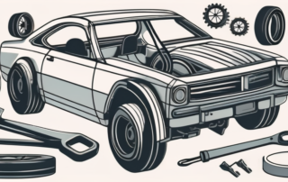 Several different car parts like a steering wheel