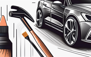 A car with visible scratches on its surface and a set of car detailing tools nearby