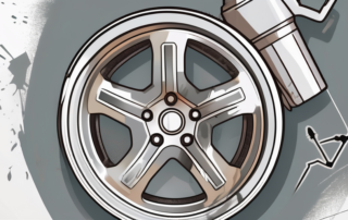 A damaged aluminum wheel with tools like a hammer