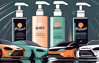 Several different car polish products lined up next to a shiny