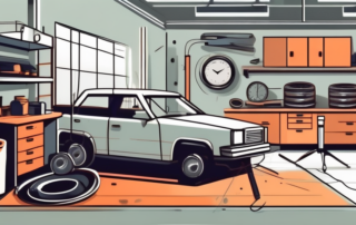 A well-equipped car repair workshop with various tools and a clock on the wall
