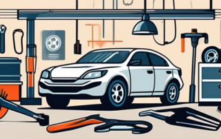 A car in a garage with visible dents and scratches