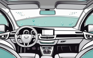 An interior view of a car with a focus on plastic elements such as the dashboard
