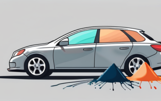 A car with visible paint chips and a close-up view of a paint repair kit next to it