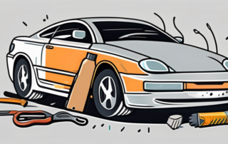 A car bumper with a visible hole and a set of repair tools like a patch