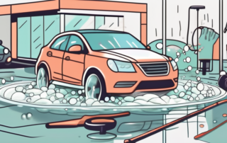 A car being washed with soap bubbles and water