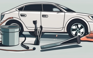 A car with a dent being repaired using a hairdryer