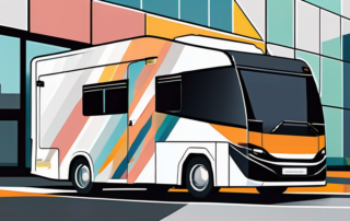 A sleek and modern motorhome with various colorful and creative foil wraps