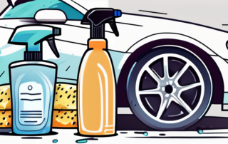 Various car washing tools like a bucket filled with soapy water