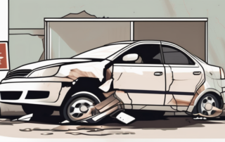 A damaged car with a "for sale" sign in a private driveway