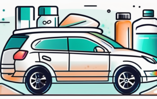 A car with gleaming surfaces and a few plastic care products nearby