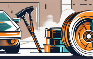 Various car rims being cleaned and polished with different tools and products