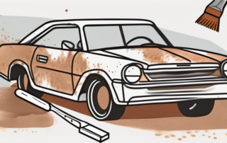 A car with visible rust spots next to various types of sandpaper and a sanding tool