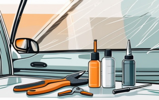 A scratched windshield with various tools and repair equipment