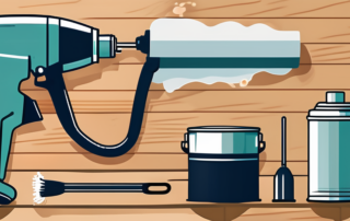 A spray gun applying primer on a wooden surface