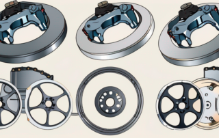 Various types of brake calipers (bremssättel) arranged in a semi-circle
