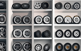 Several types of high-quality car rims displayed in a well-organized shop setting