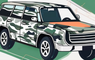 A car half-wrapped in camouflage patterned foil