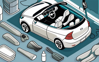 An open car interior with various cleaning tools like vacuum