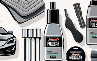 Various meguiar's polish products arranged neatly alongside a shiny