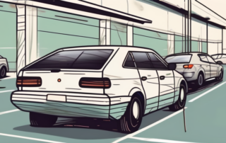 A stationary car in a parking lot with visible signs of damage