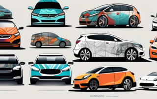 Several different cars with various types of vibrant and sleek car wraps