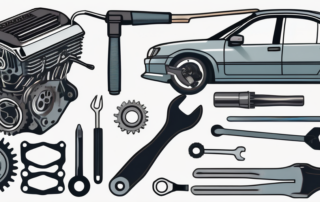 A car engine partially disassembled with various tools around it