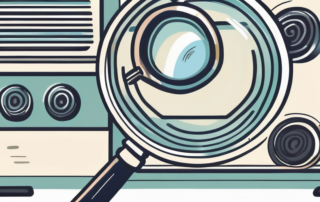 A central air conditioning unit with a magnifying glass hovering over it