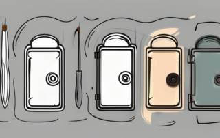 A few different styles of door handles with a paintbrush and a can of paint nearby