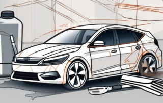 A car with visible plastic scratches on its surface and various tools and products (like a cloth