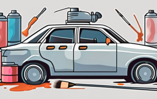 A car in the process of being painted with various painting tools like spray guns