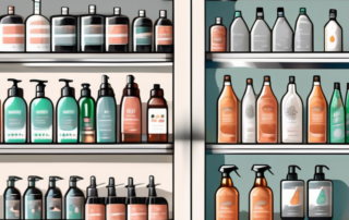 A variety of cleaning alcohol bottles displayed on both a physical store shelf and a digital online store interface