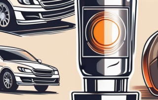 A car's headlight shining brightly with a polishing tool and a bottle of polish nearby