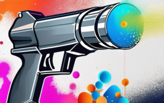 A powder coating gun spraying a vibrant colored powder onto a stainless steel object