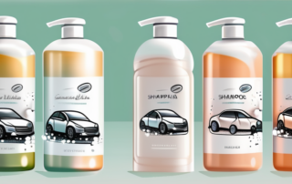 Several different car washing shampoos with foam and bubbles