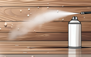 A spray can of clear lacquer with a few droplets mid-air