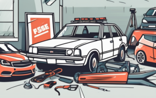 A damaged car with a "for sale" sign on it