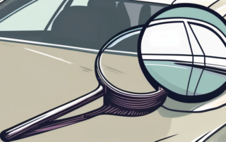 A car with visible signs of an accident (like a dented bumper or a broken headlight) and a magnifying glass hovering over it